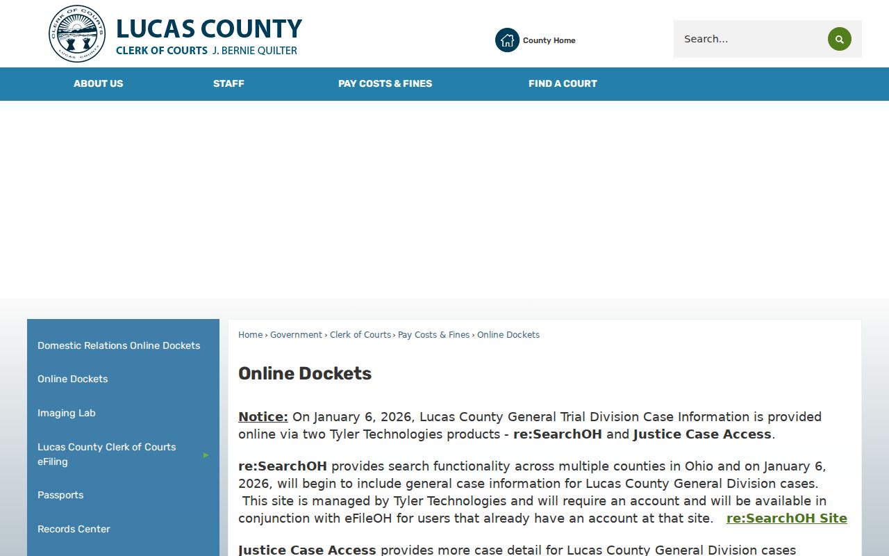 Sylvania Township resident lookup image of the current Lucas County online dockets notice