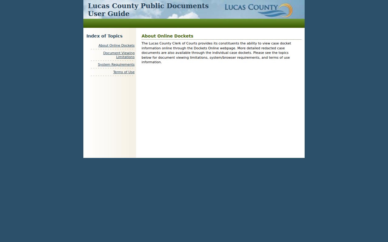 Sylvania Township resident lookup view of the Lucas County online dockets guide