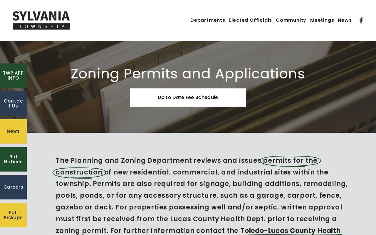 Sylvania Township street directory zoning permits page